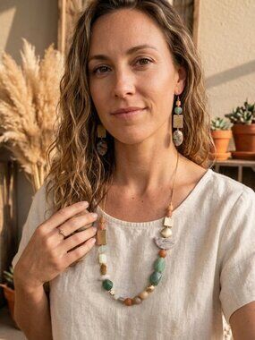 Bohimean Layered Beaded Statement Necklace Set - Green, Coral & Gold